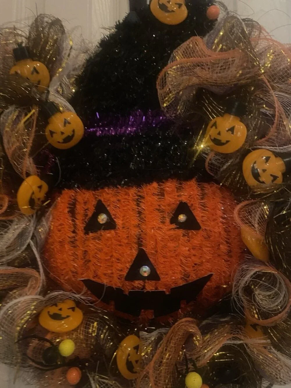 Halloween Deco Mesh Wreath Handmade Pumpkin, Purple Orange  Wall Decor Door 18”